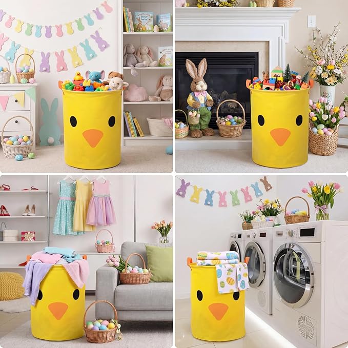 Havawish 2 Pcs Chicken Easter Baskets Large Multipurpose Gift Storage Basket Foldable Organizer with Handles As Laundry Basket Toybox Gift Decor for Bathroom Home Clothes Toys Books