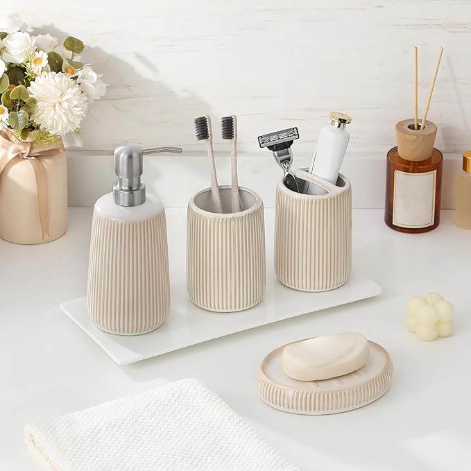 vancasso Ceramic Bathroom Accessories Set 4 Piece, Soap Dispenser with Stainless Steel Pump, Toothbrush Holder, Tumbler and Soap Dish, Modern Relief Design, Bathroom Decor Organizer, Beige-White
