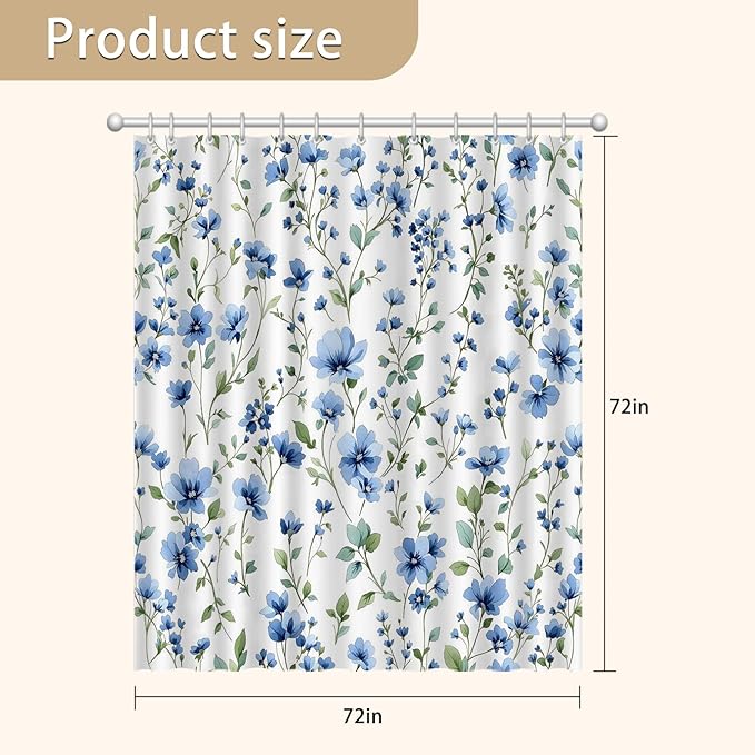 Blue Floral Shower Curtain，Cute Bright Wildflower Rustic Flower Blossom Farmhouse Leaves Botanical Cloth Fabric ，Waterproof Polyester Bathroom Home Decor Set with 12 Hooks，72 x 72 Inch