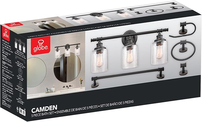Globe Electric 51415 Camden 5-Piece All-in-One Bathroom Set, 3 Vanity Light with Seeded Glass Shades, Bar, Towel Ring, Robe Hook, Toilet Paper Holder, Bronze