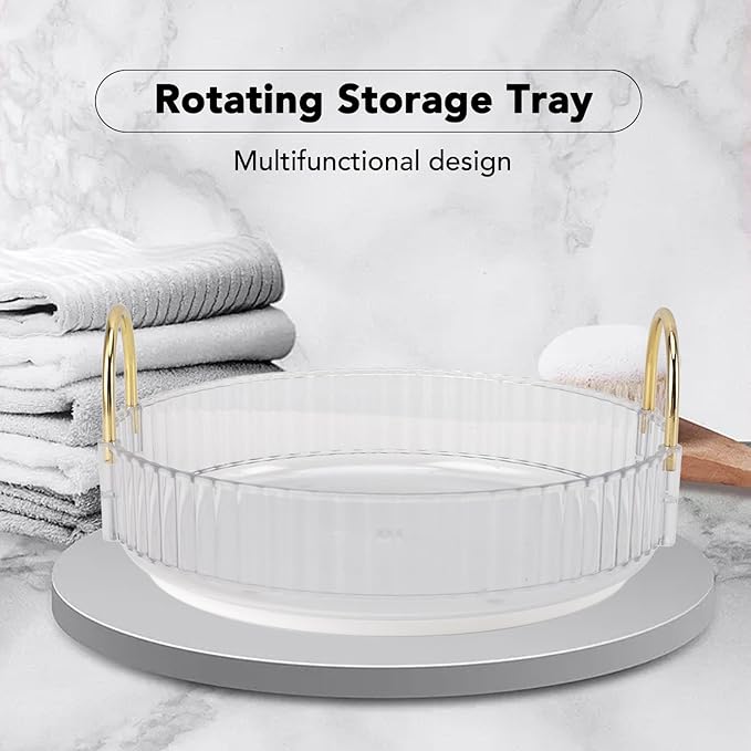 Makeup Perfume Organizer Tray,Turntable Organizer,360 Rotating Makeup Organizer with Dual Handles Makeup Brush Lip Gloss Organizer Case for Bedroom Bathroom (White)