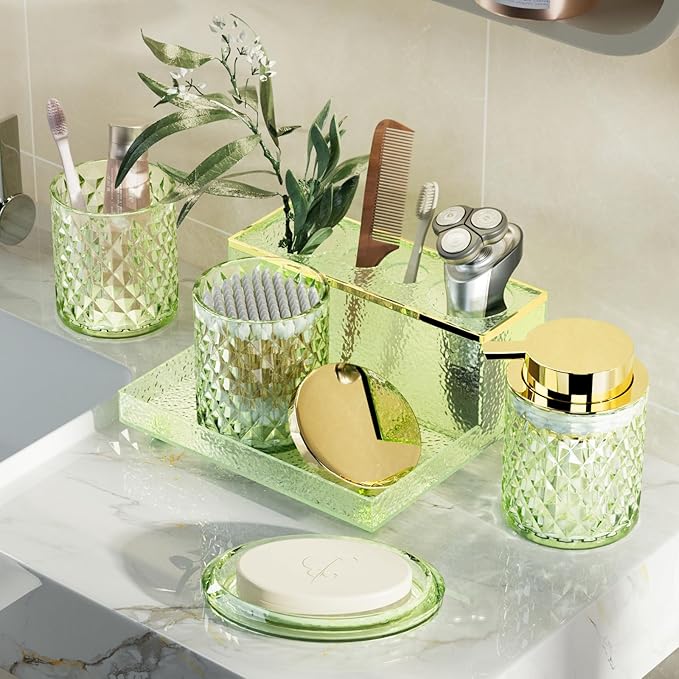Glass Bathroom Accessories Set 5Pcs Crystal - Foaming Soap Dispenser, Soap Dish, Cup, Acrylic Toothbrush Holder with Tray Organizer, Qtip Jar, Bathroom Counter Set Sink Decor (Green)