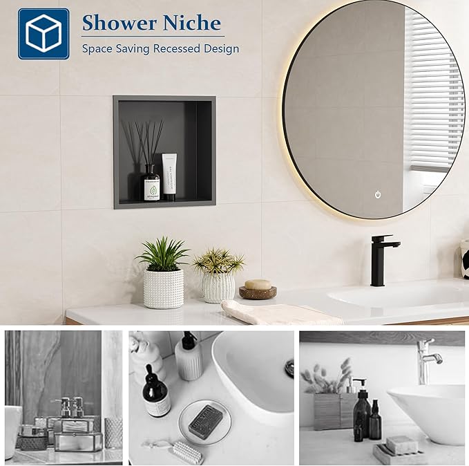 Neodrain Shower Niche, Insert Bathroom Storage Shower Shelf, Stainless Steel Recessed Wall Niche No Tiled Recessed Cabinet Waterproof for Shower Storage(Gun Metal,12"x12")
