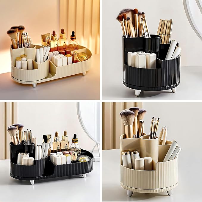 DASITON Large Capacity Makeup Brush Holder,360?? Rotating Makeup Organizer,5 Slot Makeup Brushes Cup,for Vanity Decor,Bathroom Countertops,Desk Storage Container,Cosmetic Display cases(Cream-S)