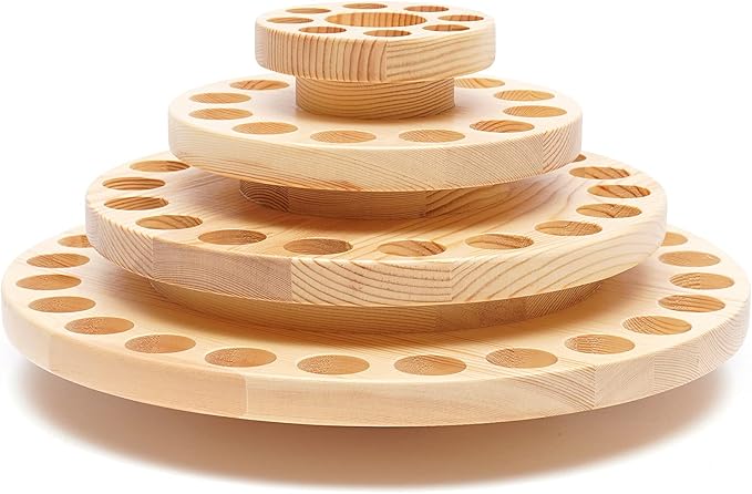 TFCFL 4 Tiers 63 Slots Rotatable Essential Oils Storage Rack, Wood Essential Oil Display Stand Spinning Rack Nail Polish Display Holder Organizer Natural Wood Rotating Display Rack for 63 Bottles