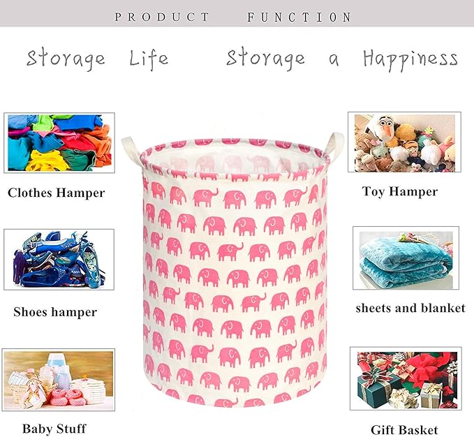 KUNRO Round Laundry Gift Basket Storage Hamper, Clothes Storage Organizer Bins, Shelf Basket with Handles for Room Decor (Pink Elephant)