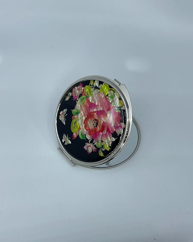 Portable Makeup Compact Double Magnifying Mirror Cosmestic Foldable Pocket Style Unique Mother of Pearl Design (Rose)