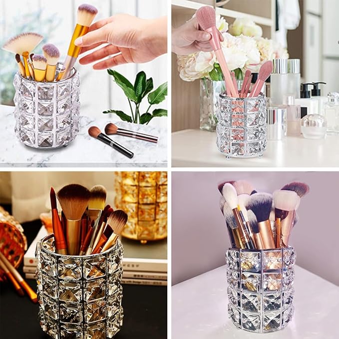 AKOAK 1 Pack Crystal Makeup Brush Holder Office Supplies Storage Rack Eyebrow Pencil/Lipstick/Pencil Makeup Container, Dressing Table, Bedroom, Office (Silver)