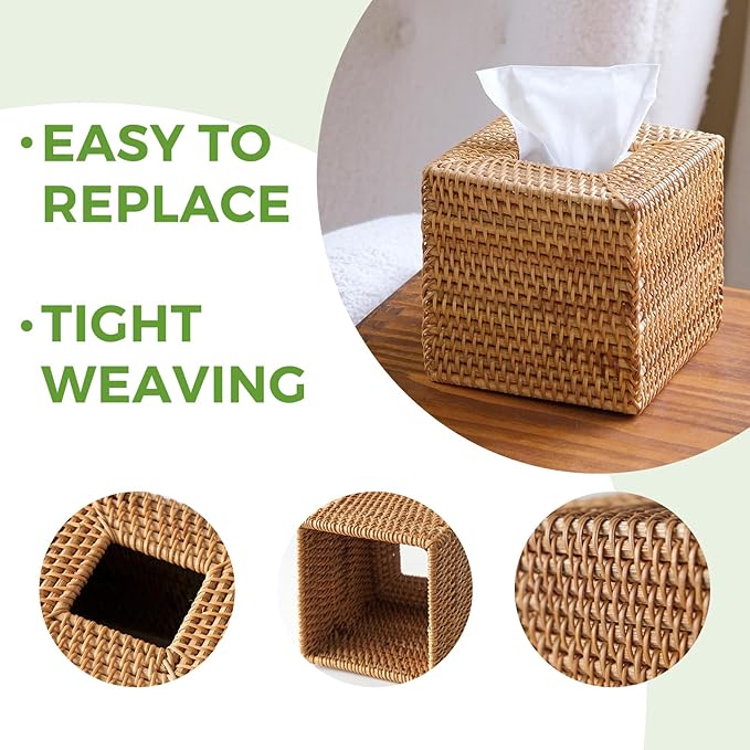 Natural Rattan Tissue Box Cover, Hand Woven Square Wicker Holder for Facial Tissues, Wicker Napkin Holder Ideal for Bathroom Living Room, Tissue Holders Decorative for Kitchen Office and Desk