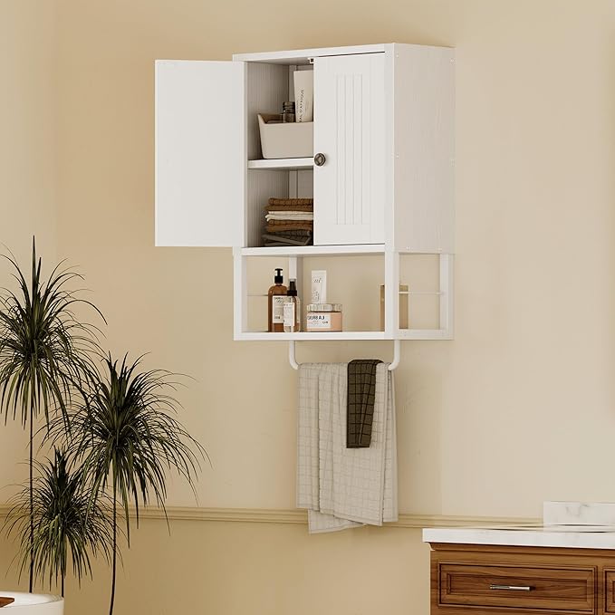 Homeiju Rustic Wall Mounted Medicine Cabinet, White Wood Storage Cabinet with Two Barn Doors, Shelf and Towel Bar for Bathroom, Living Room, Kitchen, White
