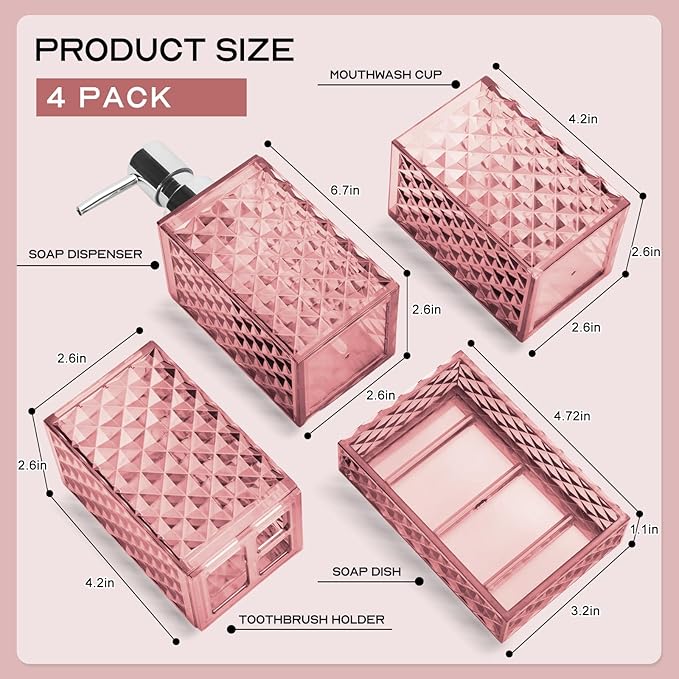 Bathroom Accessory Set, Grid Pattern 4 Pcs Plastic Bathroom Set Include Soap Dispenser, Soap Dish, Toothbrush Holder, Mousewash Cup, Modern Bahtroom D??cor Set(Pink)