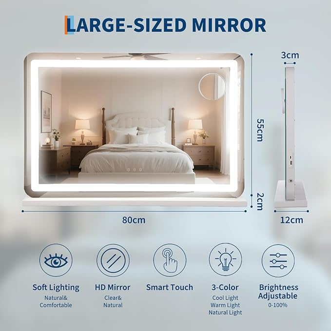 GarveeHome 30.15 in x20.19 in Lighted Makeup Mirror，Led Makeup Mirror,Three Color Lighting Modes, and 10X Magnification Mirror, Smart Touch Control,2 in-1 Vanity Mirror Both Tabletop and Wall-Mounted