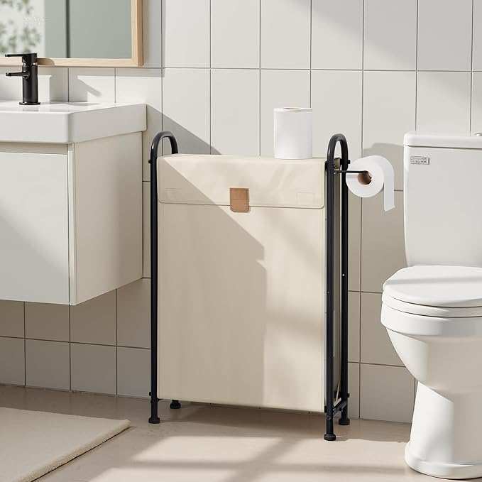 StorageWorks Slim Laundry Hamper with Flip Lid, Narrow Laundry Basket with Hooks, Breathable Mesh Clothes Organizer for Closet, Laundry Room, Bathroom, Beige