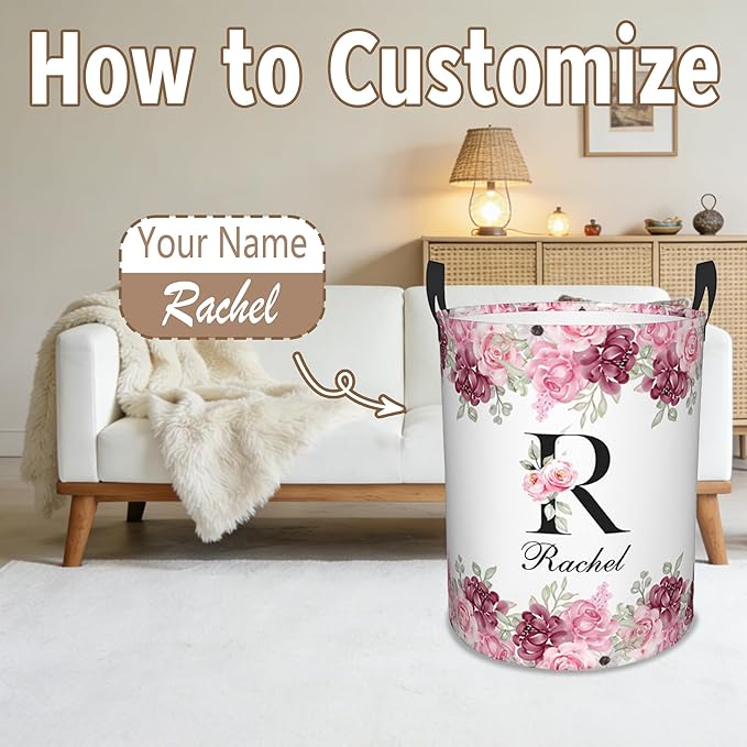 Custom Name Laundry Basket, Personalized Collapsible Laundry Hamper with Name for Bathroom Bedrooms, Customized Dirty Clothes Hamper Storage Basket Gifts for Kids Boys Girls Baby Men Women