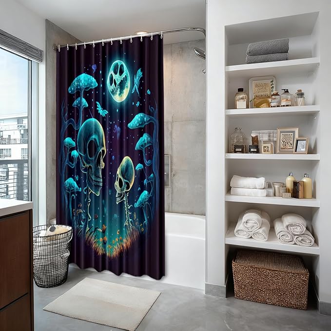 Shrahala Happy Halloween Funny Decorative Shower Curtain, Skeletons Grass Mushrooms Starry Sky Bathroom Décor Polyester Fiber Waterproof with Plastic Rings for Shower Stall Bathtubs 72 x 72 in