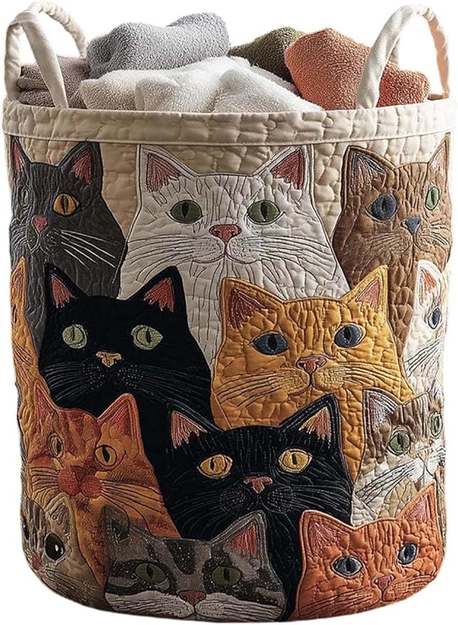 Cute Cat Quilted Laundry Basket with Handles, Boho Floral Fabric Quilted Laundry Basket, Large Soft Collapsible Storage Hamper for Nursery, Bedroom, Bathroom, Clothes & Toy Organization (#05)