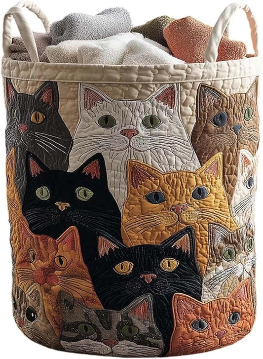 Cute Cat Quilted Laundry Basket with Handles, Boho Floral Fabric Quilted Laundry Basket, Large Soft Collapsible Storage Hamper for Nursery, Bedroom, Bathroom, Clothes & Toy Organization (#05)
