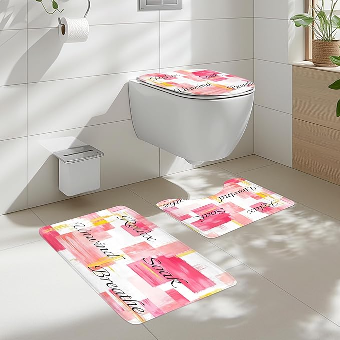 Cinbloo 4Pcs Pink Gold Shower Curtain Set,Modern Abstract Words Ombre Blush Oil Painting Girls Simple Bathroom Curtain with Rug, Toilet Lid Cover, Bath Mat,Minimalist Shower Curtain with 12 Hooks