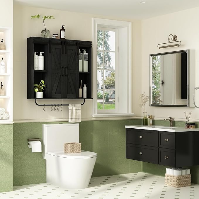 RUSTOWN Rustic Wood Wall Storage Cabinet with Two Sliding Barn Door, 3-Tier Decorative Farmhouse Vintage Cabinet for Kitchen Dining, Bathroom, Living Room,Black