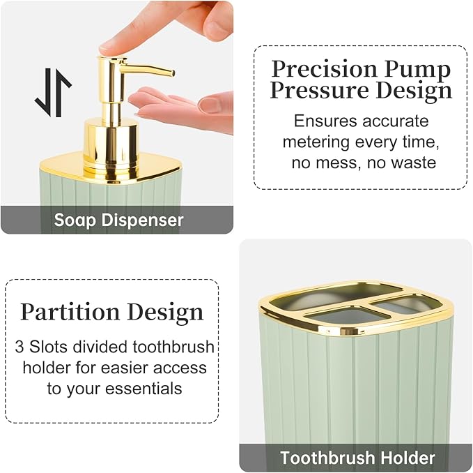 2PCS Bathroom Accessories Set, Sage Green Bathroom Accessories, Bathroom Soap Dispenser and Toothbrush Holder Set for Bohemian Bathroom Decor