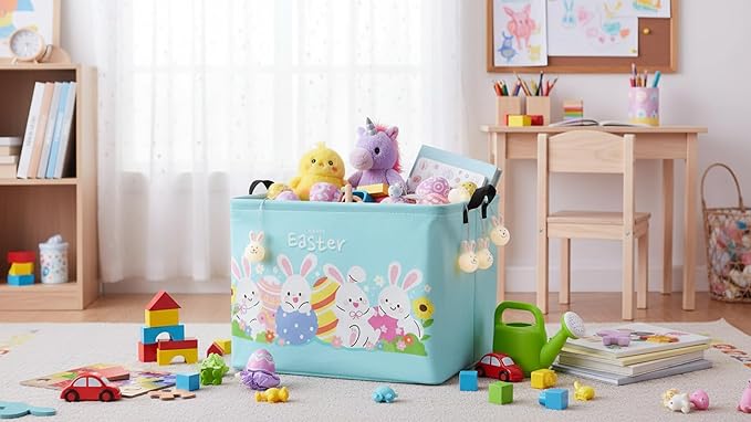 Rectangular Easter Basket Easter Basket for Kids Baby Storage Basket Cute Toy Storage Bin Organizer Shelf Book Basket Easter Room Decor(Cartoon Easter Basket)
