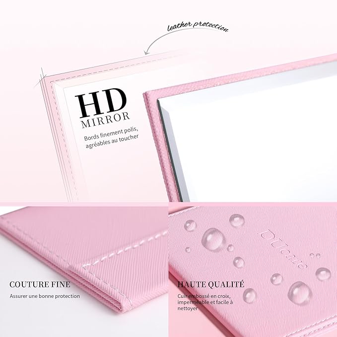 DUcare Folding Mirror Portable Travel PU Portable Adjustable Rectangular Ultrathin Vanity Mirror with Stand Pink
