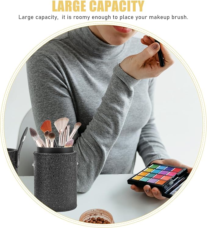 Lurrose Makeup Brush Cup Holder with Lid Portable Cosmetic Tool Storage Canister 7.08X2.55X7.08In for Home and Travel Anti-Slip Elegant Design
