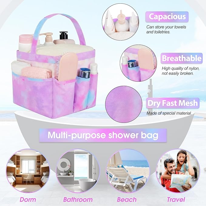 Attmu Mesh Shower Caddy Portable for College Dorm Room Essentials with 8 Pockets, Hanging Shower Caddy Dorm Basket, Quick Dry Shower Bag for Bathroom