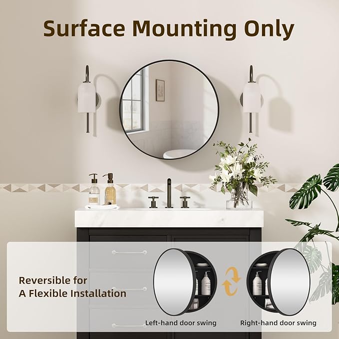 20 x 20 Inch Round Medicine Cabinet Mirror Black,Circular Bathroom Mirror with Storage Wall Mounted,Metal Framed Medicine Cabinets with Tempered Glass Adjustable Shelves for Bathroom Vanity