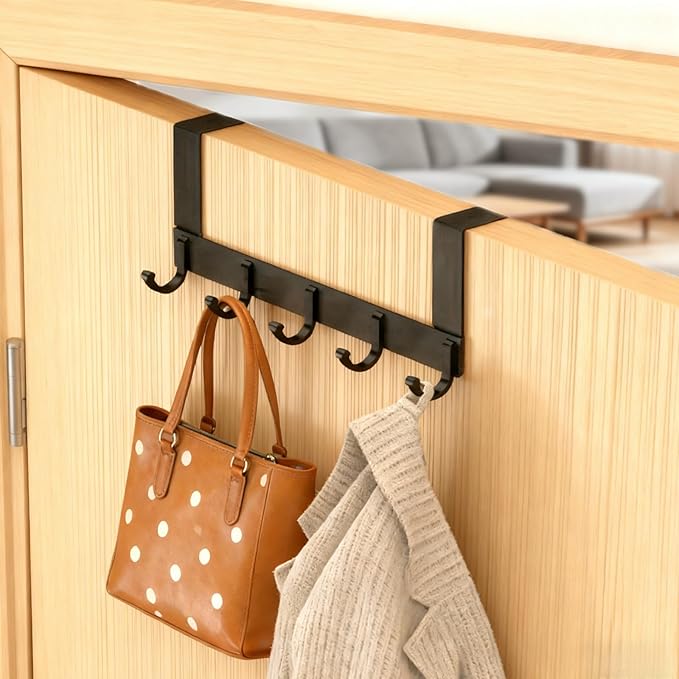 Glass Shelf for Bathroom ，Glass Aluminum，2 Door Hook Rack, 5 Metal Hooks, Black