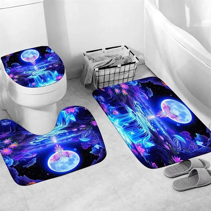 jieprom 4PCS Shiny Butterfly Moon Shower Curtain Bathroom Set with Rugs,Toilet Lid Cover and Bath Mat, Shower Curtain with 12 Hooks, Durable Bathroom Decor Set