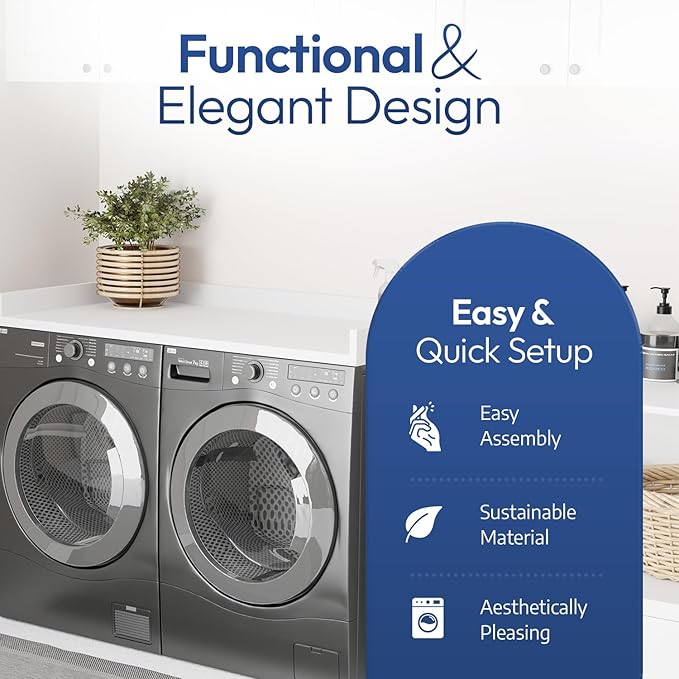 OfficeSimpli Washer Dryer Countertop, Made in USA, Non-Slip Pads, Laundry Room Wood Topper, Washer Dryer Cover for Top, Laundry Countertop, Laminate Finish (Glacier White, Extra Large (30" x 58"))