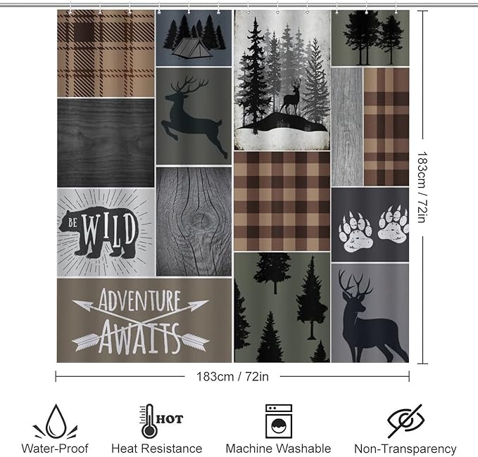 Retro Cabin Bear Deer Shower Curtain Sets with Rugs 4 Piece Accessories Bathroom Curtains Shower Set Include Shower Curtain Non-Slip Rug Toilet Lid Cover Bath Mat One Size