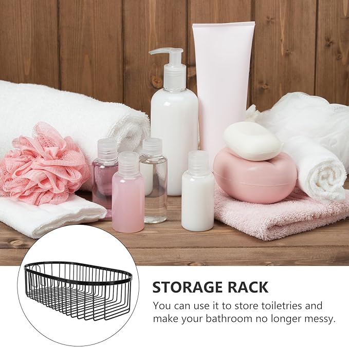 Punch-Free Iron Oval Bathroom Storage Rack, Wall-Mounted Hanging Basket with Drainage, Black Multifunctional Household Shelf for Bathroom and Kitchen Organization