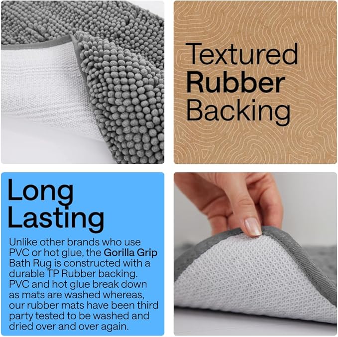 GORILLA GRIP Bath Rug Mat 44x26, Thick Soft Absorbent Chenille, Quick Dry Microfiber Mats, Rubber Backing Washable Shower Floor Rugs, Bathmat Runner, US Designed Bathroom Home Decor Accessories Grey