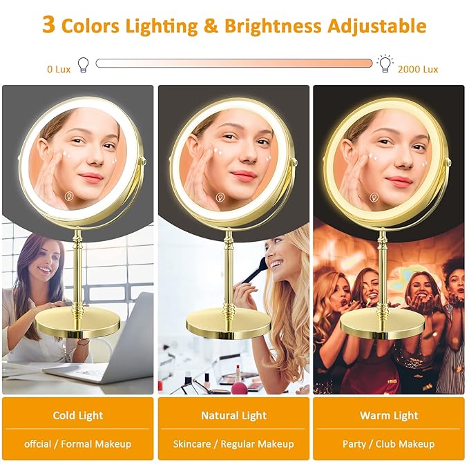 Rechargeable 8'' Lighted Makeup Mirror, 1X 10X Magnifying Vanity Mirror with 3 Color LED Lights, Touch Sensor Adjust Brightness Double-Sided Cosmetic Mirror, Gold Finish