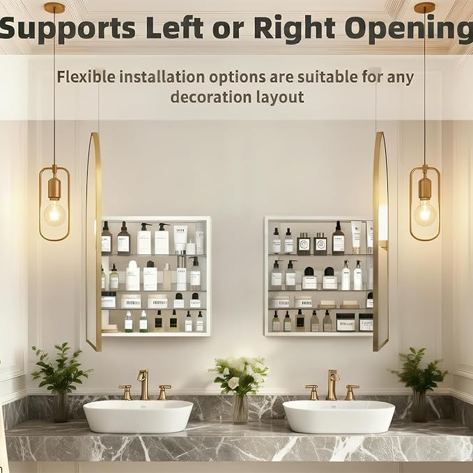 FKWin Gold Bathroom Medicine Cabinet with Mirror for Left or Right Opening, Medicine Cabinets for Bathroom, not Recessed, Modern Bathroom Mirror with Storage, Gold, 24x36 inch