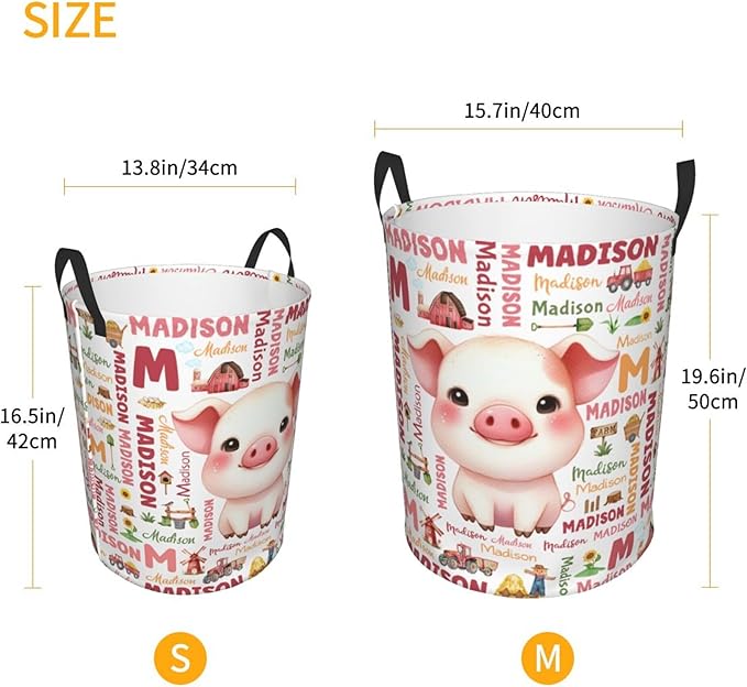 Personalized Farm Pig Laundry Basket For Baby Kids Boys Girls Adult Custom Hamper Basket With Name For Bathroom Bedrooms Collapsible Baby Laundry Basket, Dirty Clothes Hamper With Handles
