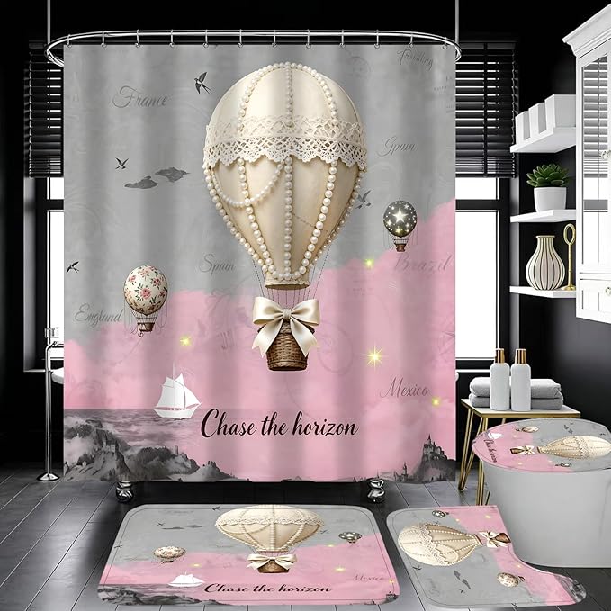 jieprom 4 Piece Pink and Grey Shower Curtain Set with Rugs, Vintage Pearl & Lace Hot Air Balloon Art, Romantic Travel Aesthetic Bathroom Decor, Non-Slip Mats & Toilet Lid Cover, Waterproof Fabric