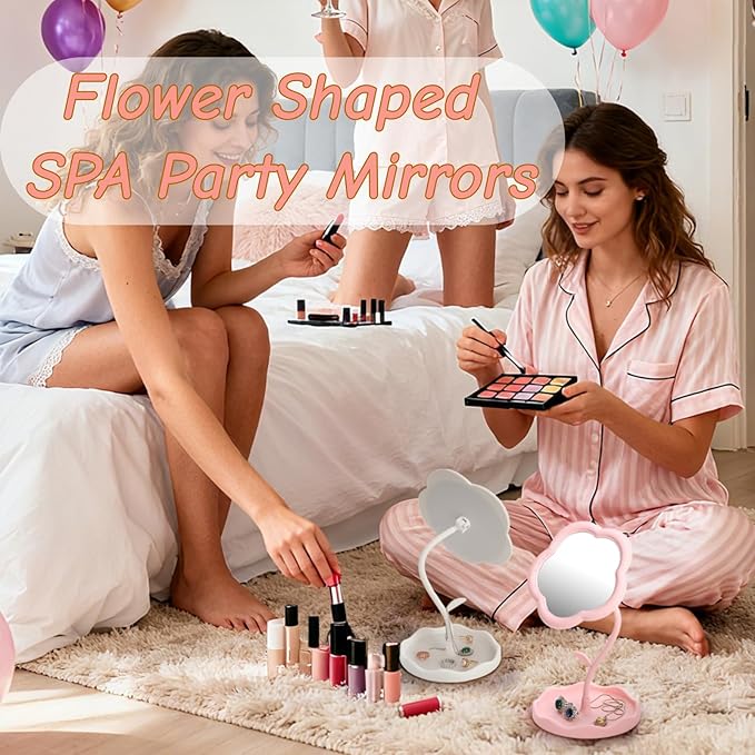 6 Pieces Flower Shaped Mirror, Multi-Angle Adjustable Spa Party Makeup Mirror, Compact Table Vanity Mirror with Jewelry Tray for Home Decor Sleepover Party Aesthetic Gift