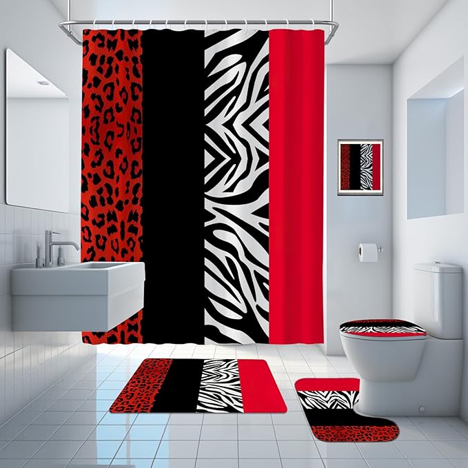 Onalasyc 4Pcs Red Leopard Shower Curtain with Rugs Set Waterproof Cheetah Print Bathroom Sets with Shower Curtain and Rugs Red Leopard Animal Print Bathroom Curtains Shower Set with 12 pcs Hooks