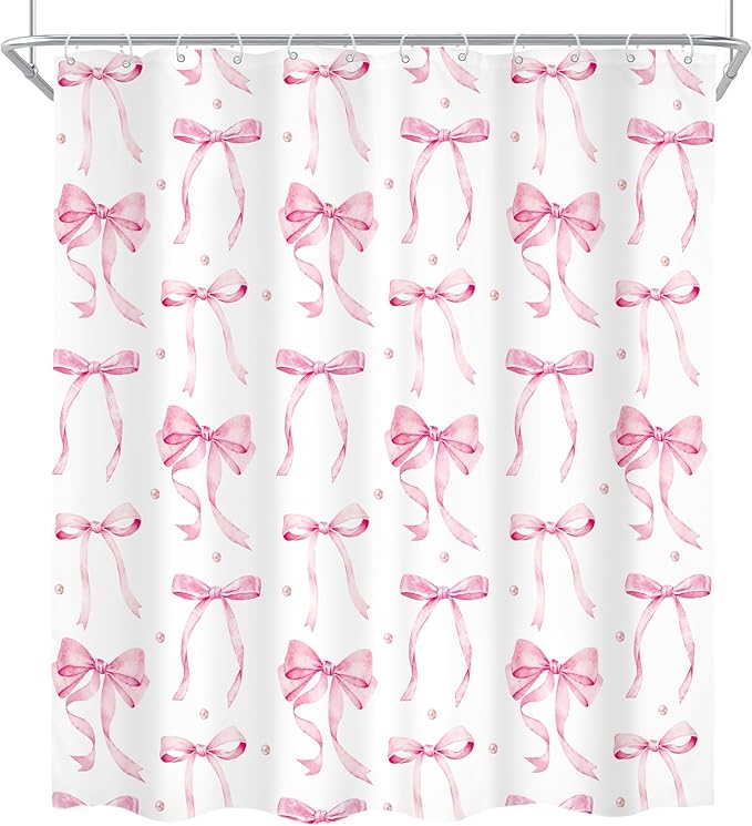 Cinbloo 4Pcs Pink Bow Shower Curtain Set, Retro Coquette Vintage Girly Preppy Cute Fashion Pretty Sweet Bathroom Curtain with Rug, Toilet Lid Cover, Bath Mat, Aesthetic Shower Curtain with 12 Hooks