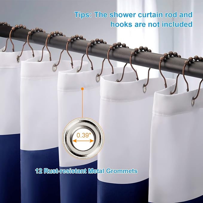 AmazerBath Navy Blue Shower Curtain Stripes, 72" W x 72" H Blue and White Shower Curtain, Fabric Shower Curtains for Bathroom with 2 Heavy Stones, Water Repellent