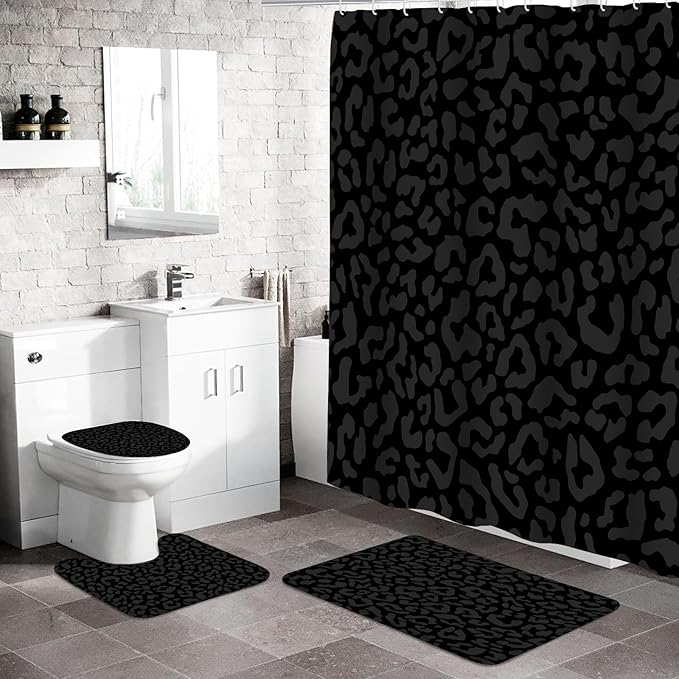 4 PCS Leopard Shower Curtain Cheetah Print Shower Curtain Sets Non Slip Bathroom Rugs Soft Plush Bath Mat Toilet Lid Cover Animal Print Shower Curtain with 12 Hooks for Bathroom Tub, Black