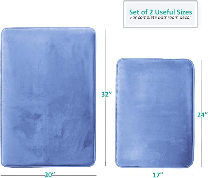 Clara Clark 2 Piece Bathroom Rugs Bath Mat Set, Velvet Memory Foam Bath Mats for Bathroom - Non-Slip, PVC Backing Bath Rugs, Washable - Dries Quickly, Calm Blue