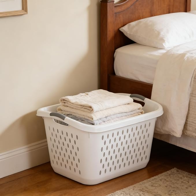 2 Pack 2.7 Bushel Extra Large Plastic Laundry Basket with Sturdy Carry Handles, Portable Laundry Hamper for Laundry Room, Dorm, Bedroom, Bathroom & Closet Organization, White