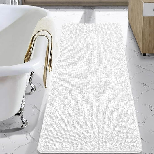 LOCHAS Luxury Bathroom Rug Shaggy Bath Mat 24 x 70 Inch, Washable Non Slip Bath Rugs for Bathroom Shower, Soft Plush Chenille Absorbent Carpets Mats, White