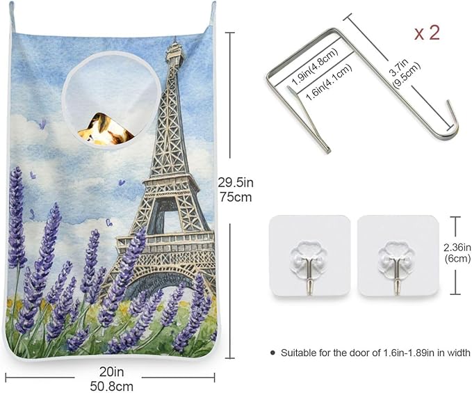 Hanging Laundry Hamper with Stainless Steel Hooks,Oxford Fabric Printing Door Laundry Clothes Bag, 29.5X20inch 2PCS Lavender Eiffel Tower Watercolour Blue