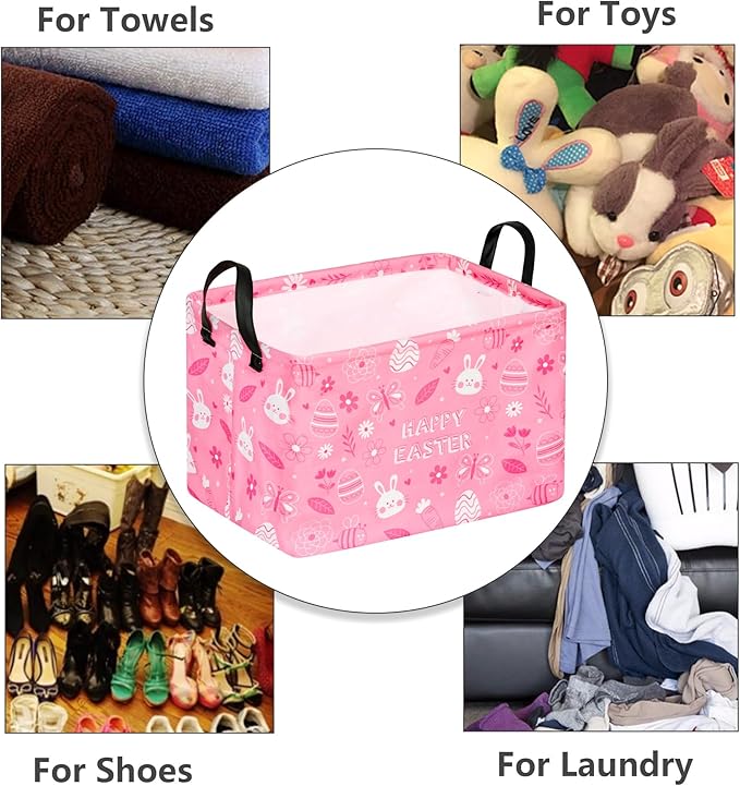 Easter Storage Basket Eggs Bunny Flower Gifts Cube Kids Waterproof Storage Bins Organizer,Foldable Closet Shelf Baskets with handles for Women,Nursery Hamper Toys Box,Room Decorations