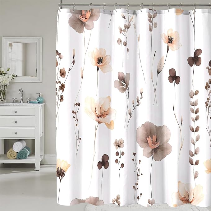 Brown Beige Floral Shower Curtain, Watercolor Flower Shower Curtains for Bathroom, Modern Minimalist Waterproof Fabric Bath Decoration 72x72 Inch
